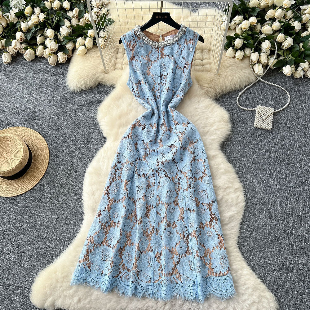 Elegant women's dress  summer french chic luxury handcrafted rhinestone embellished round neck sleeveless cinched waist lace maxi dress