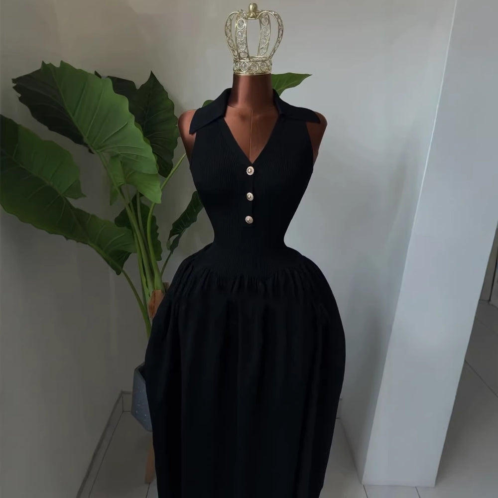European and american cross-border women's fashion  summer new arrival: elegant lapel v-neck high-waisted a-line midi sleeveless dress