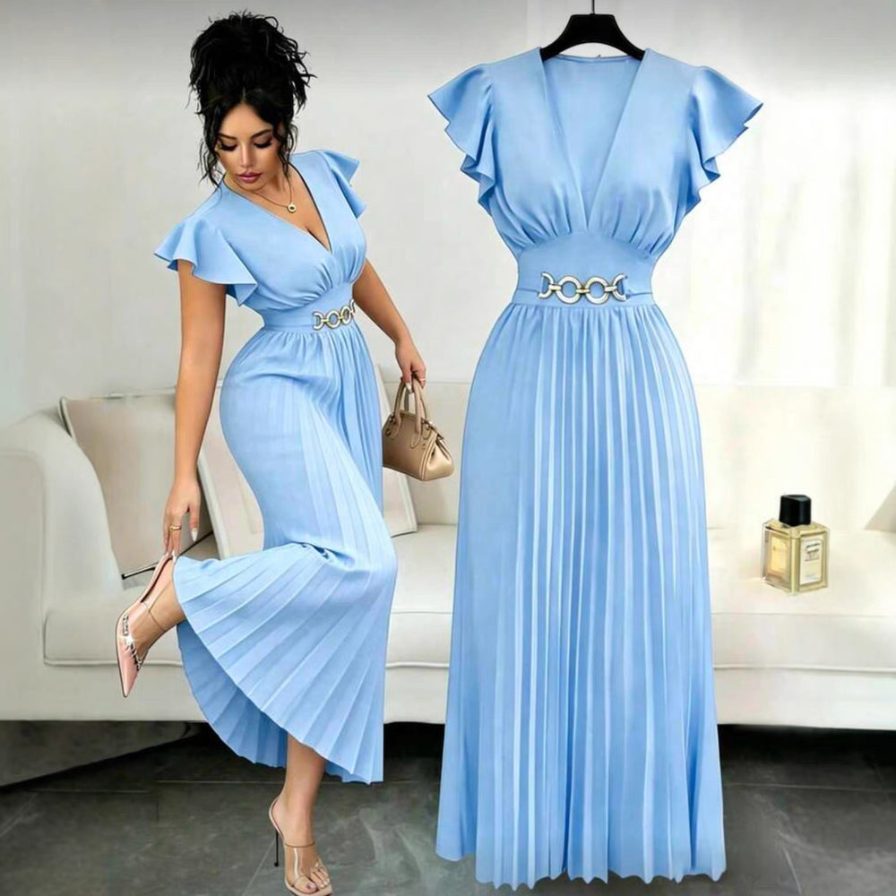 new v-neck ruffle sleeve solid color metallic embellished pleated design elegant long dress