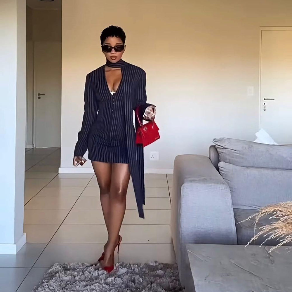 supply ins style stripescontrast colorv neck silmlong sleeves suit short skirt africa europe hot sale