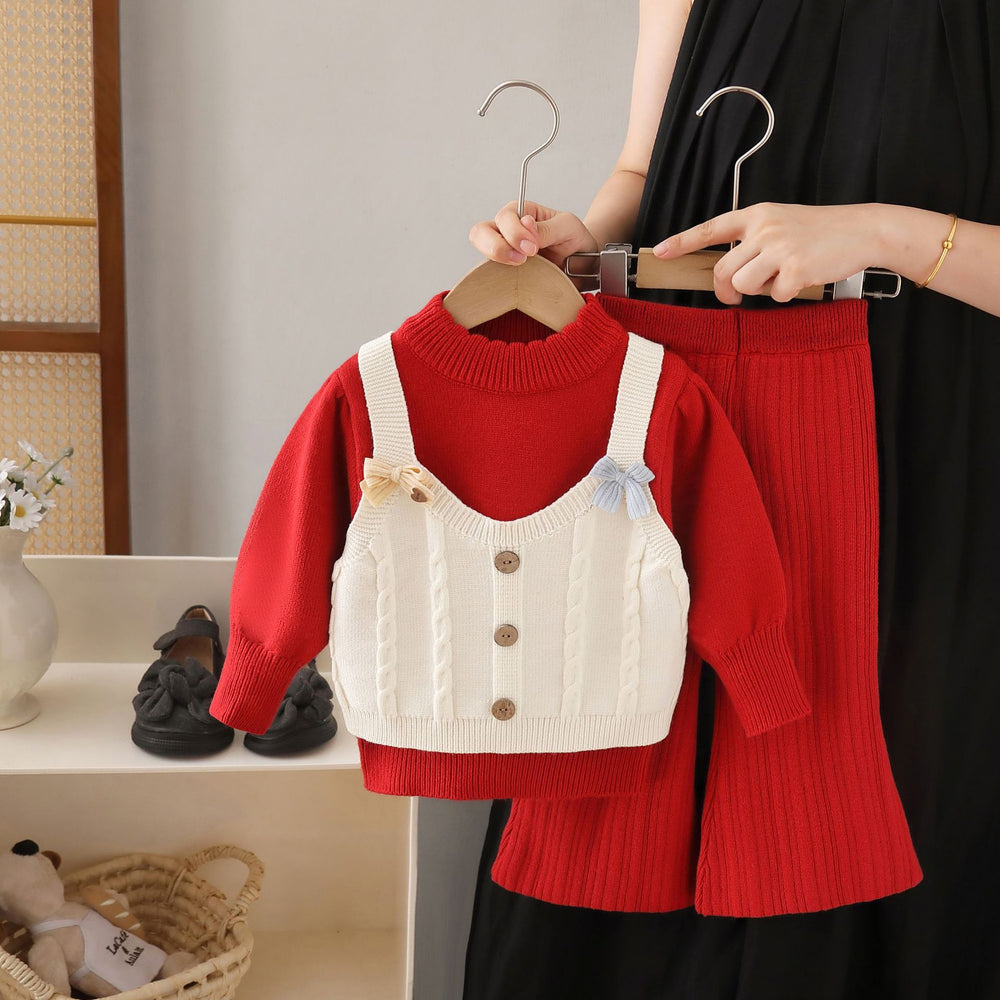 Girls' knit sweater set -  fall/winter collection - pullover top with round neck, faux two-piece knit sweater, and flare pants two-piece set