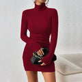 cross-border women's fashion: european and american style, mature woman's burgundy dress, autumn/winter minimalist high neck versatile mini dress