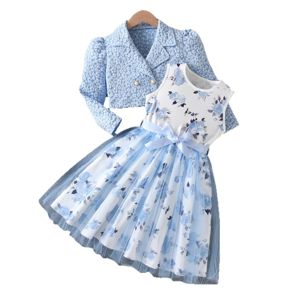 Girls' export dress set: sky blue rose print sundress with chanel-inspired lapel jacket - two-piece outfit for kids