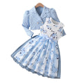 Girls' export dress set: sky blue rose print sundress with chanel-inspired lapel jacket - two-piece outfit for kids
