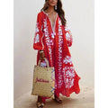 fashion  women's fashionlooselong sleevestie backv neckprinting large swing dress women's dress
