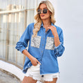 Fashion cross-border women's clothing  independent station new washed loose raw edge sequin flap pocket pants denim shirt tops