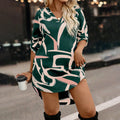 European and american style art print mini dress - v-neck, three-quarter sleeves, loose fit, slimming, slit design, casual dress
