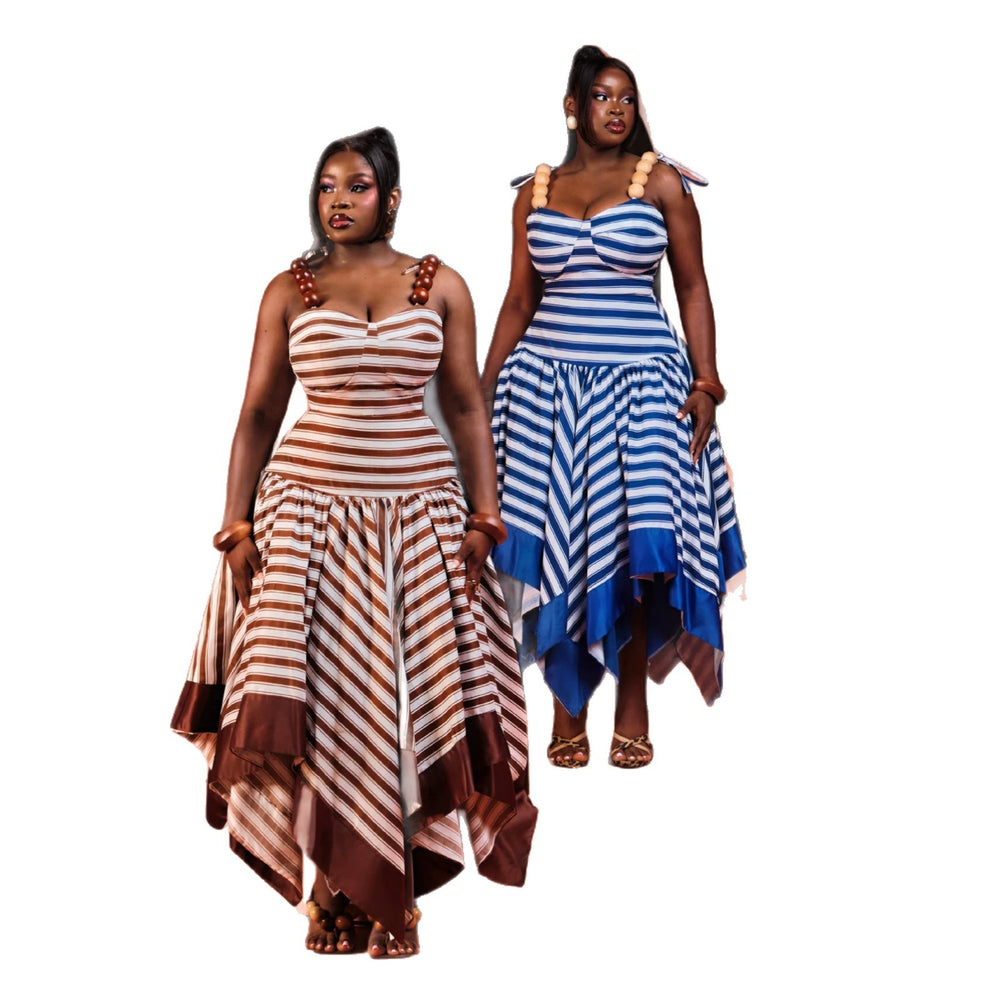 European and american cross-border women's fashion:  summer new arrivals - stylish and elegant striped high-waisted bodycon asymmetrical slip dress