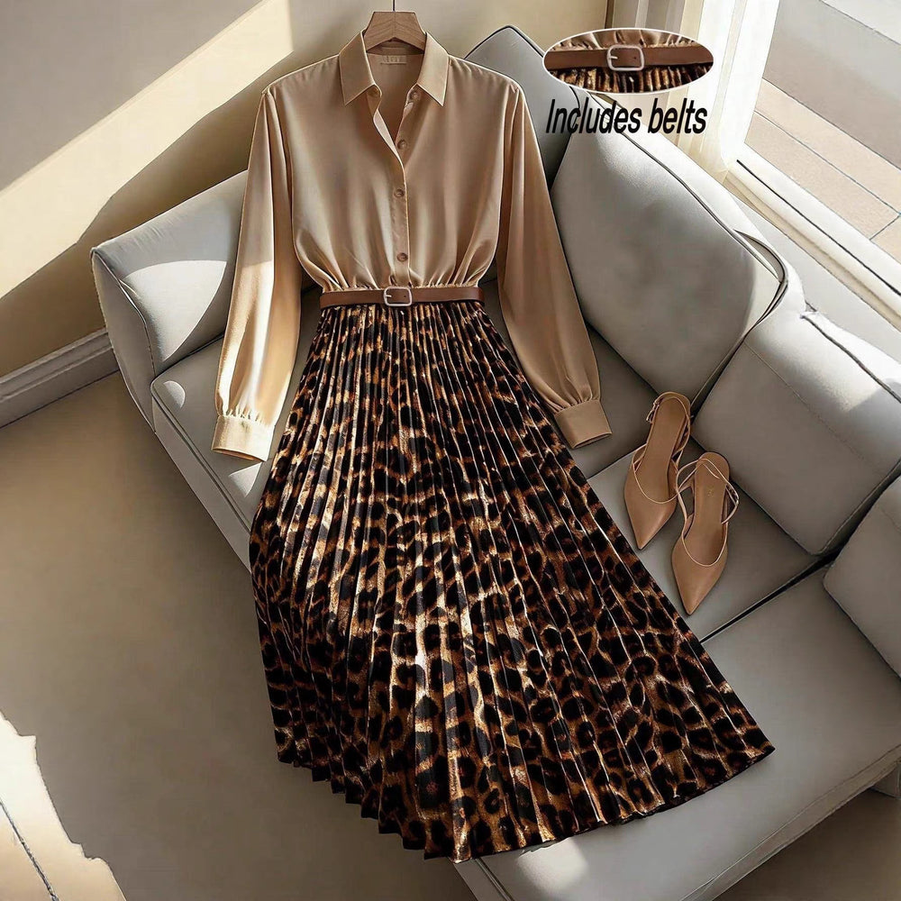 Ready-to-ship  new arrival: women's elegant leopard print patchwork pleated skirt h-line waist slimming dress - dropshipping available