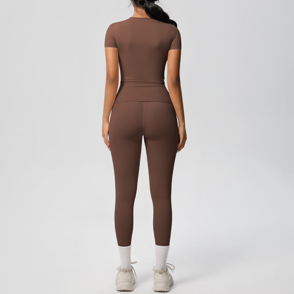 Ready-to-ship, solid color, double-sided brushed, breathable, form-fitting, two-piece activewear set for fitness, running, and yoga