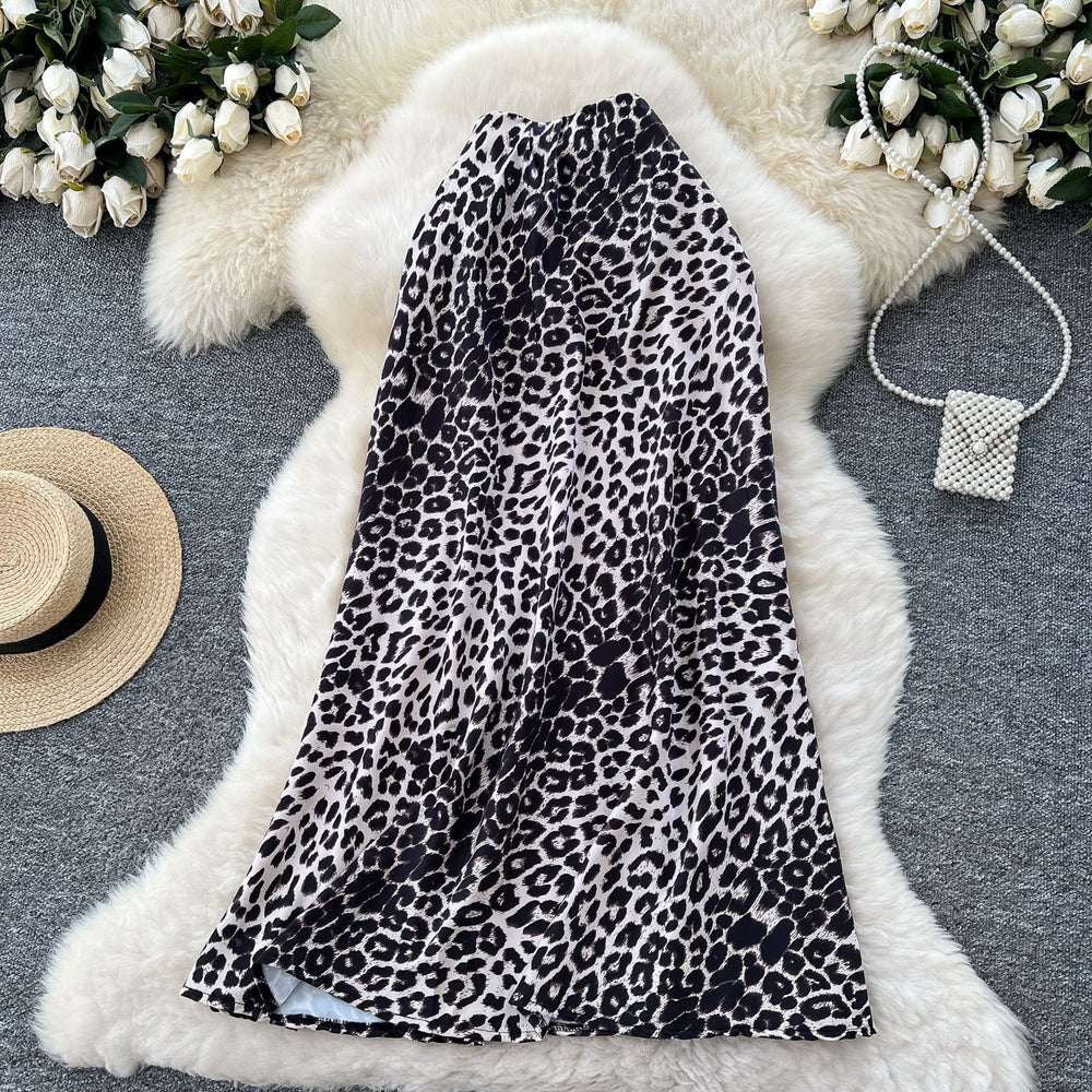 Classyelegant leopard print printingsatin skirt women's summerfrencheasiest for matchsilmslimming look mid-length mermaid dress