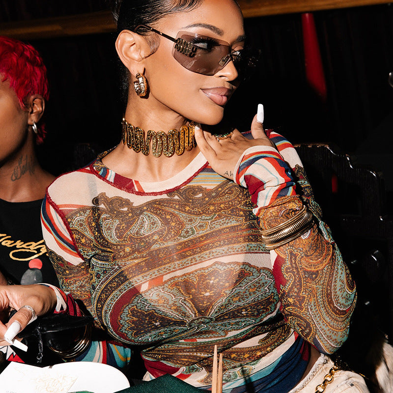 Europe, America 2024 winter new women's clothing personalized street abstract printing semi-turtleneck long-sleeved mesh slim-fit T-shirt