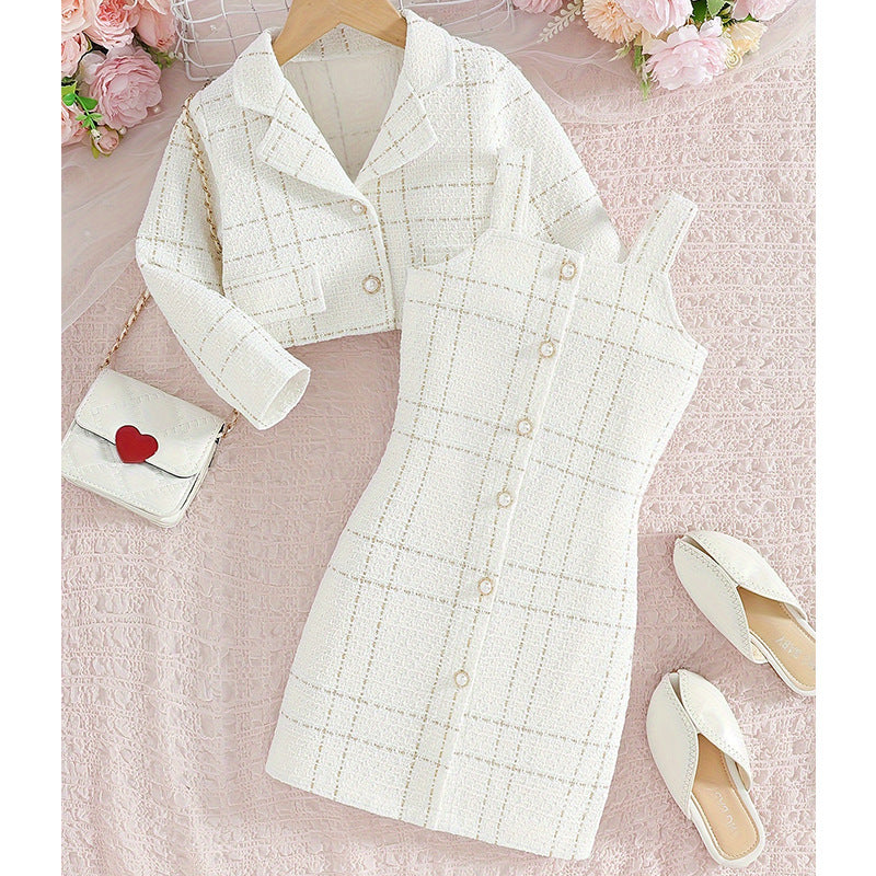European style tweed girl's camisole set - turn-down collar long sleeve jacket & plaid autumn french two-piece dress