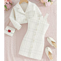 European style tweed girl's camisole set - turn-down collar long sleeve jacket & plaid autumn french two-piece dress