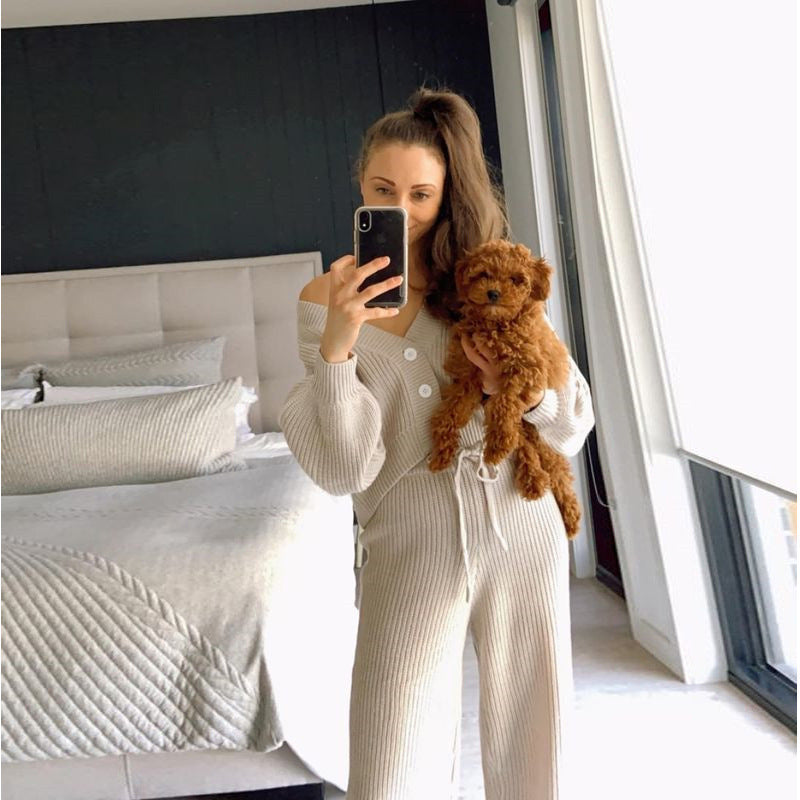 Europe and the United States  2024 casual fashion women's clothing solid color cardigan long-sleeved knitted sweater trousers two-piece set