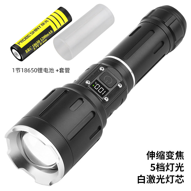 Cross-border new white laser flashlight digital display telescopic zoom TYPE-C charging can output strong light flashlight