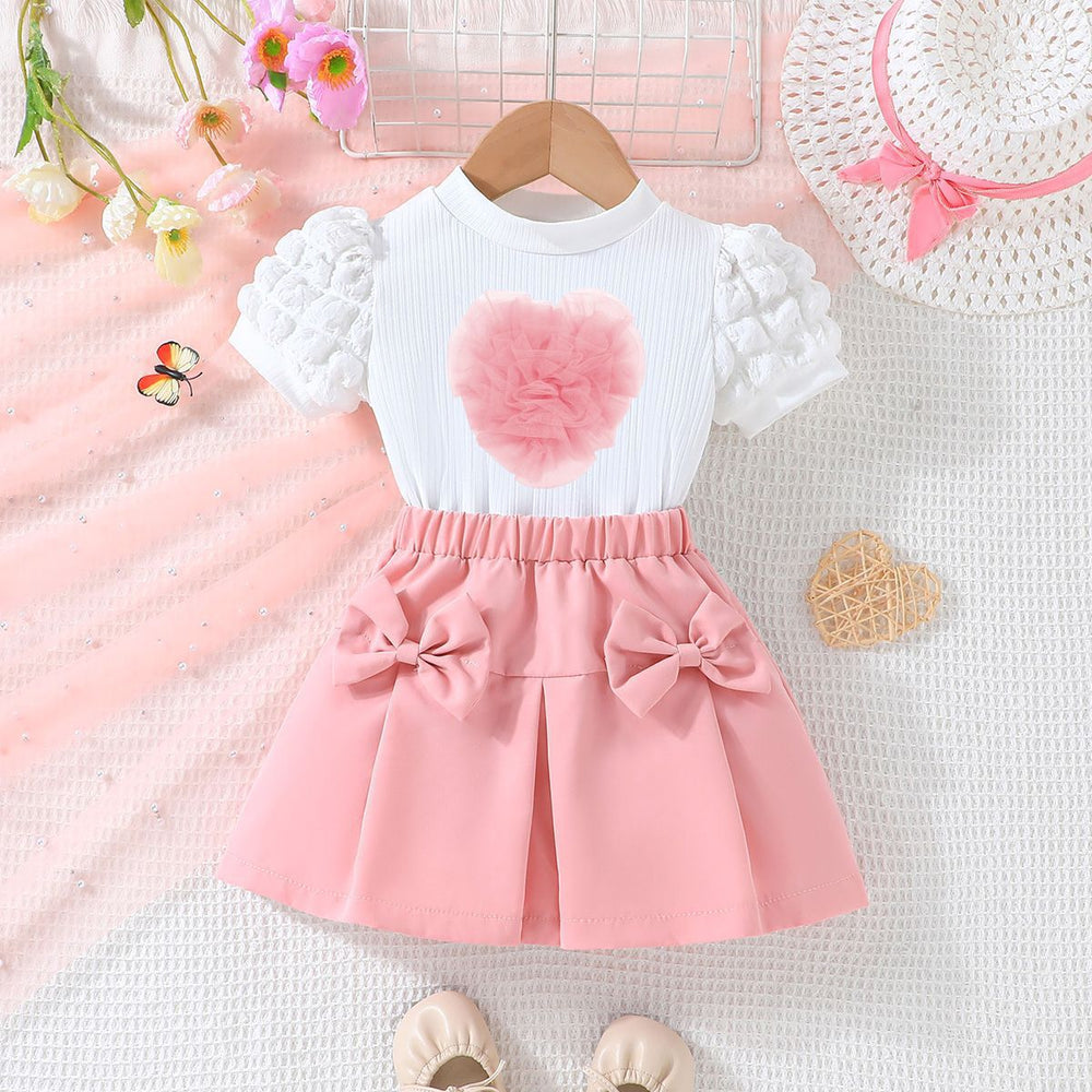 new european and american style girls' bubble sleeve top with heart-shaped bowknot skirt set - fashionable outfit