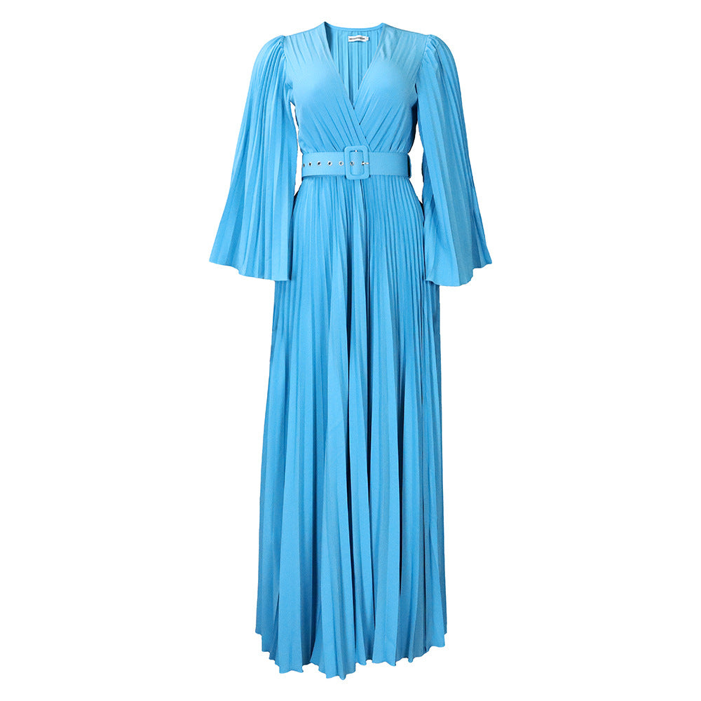 C8478 european and american women's clothing   new v-neck sexy pleated maxi dress cross-border dress