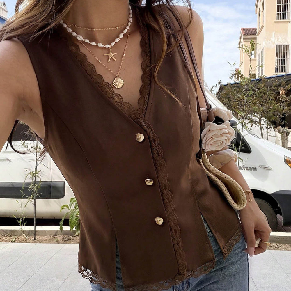 gentle style lacevest dark brown v neck lace single-breasted silm slit sleeveless outer shirt