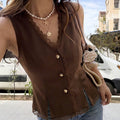 gentle style lacevest dark brown v neck lace single-breasted silm slit sleeveless outer shirt