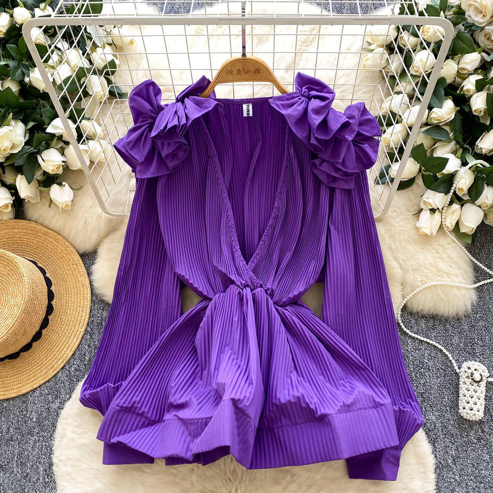 European and american fashion v-neck ruffle trim long sleeve blouse - women's  autumn high-end slim fit ruffle hem top