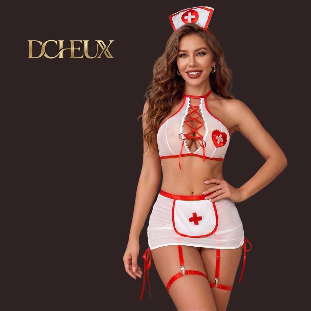 Dcheux cross-border e-commerce: sexy european and american lingerie - women's hollow-out nurse costume set with nurse cap - wholesale temptation uniforms