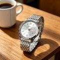 men's watch - hollow-out, waterproof, trendy luminous, dual calendar, stainless steel band quartz watch - business style for men
