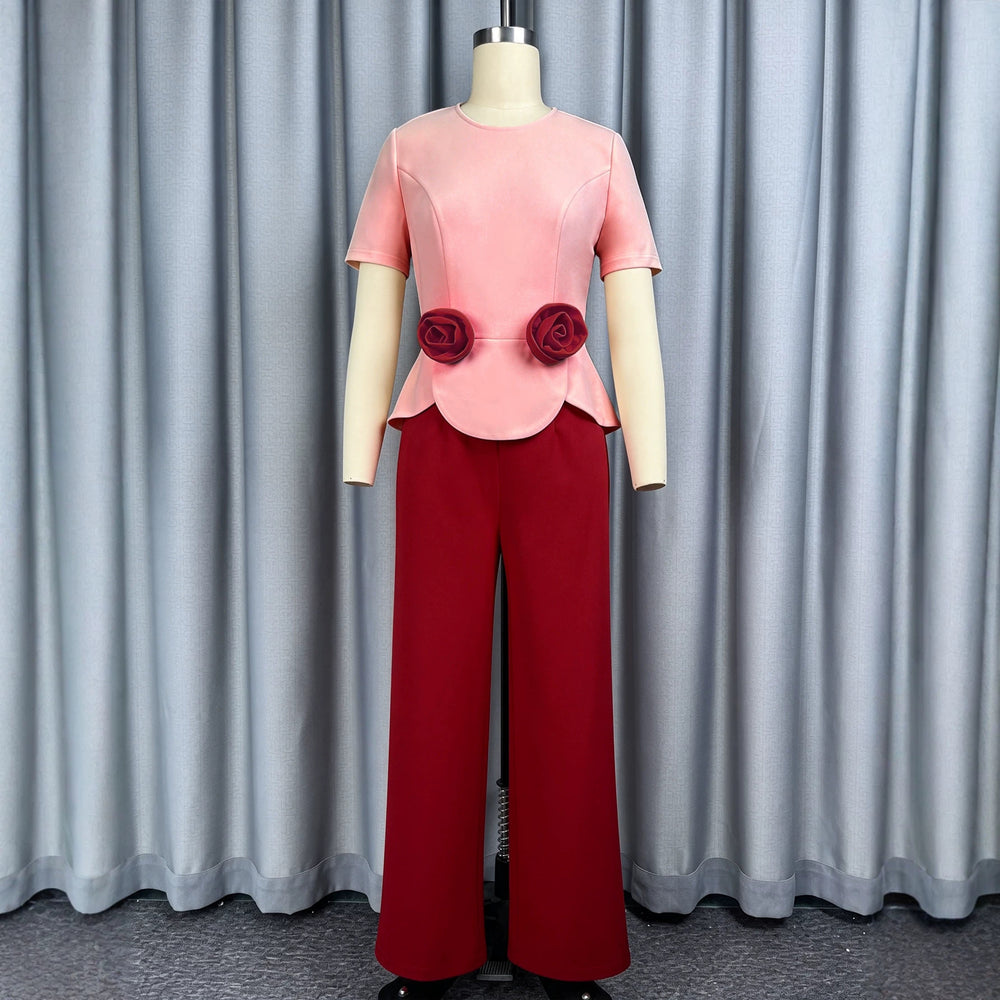 New arrivalpatchworkcontrast color jumpsuit lotus leaf hem stereo flower slimming lookstraight-leg jumpsuit jumpsuits