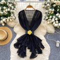 European and american style sleeveless blouse for women - summer mesh crossover neck with belt, asymmetrical design, mature and chic top