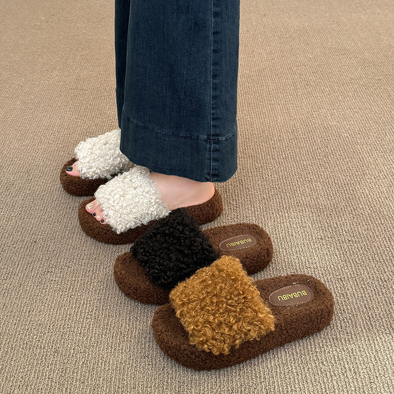 Fall and winterthick sole lambswool cotton slippers for women new arrivalk-stylesweet fur slippers with one strap fleece-lined cotton slippers for women