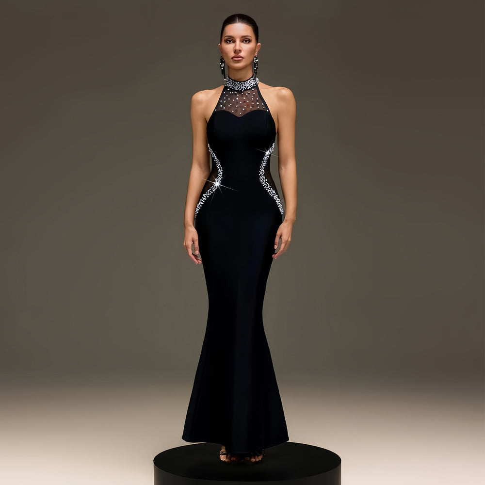 C7737 cross-border   fashion women's halter neck rhinestone mesh mermaid party dress