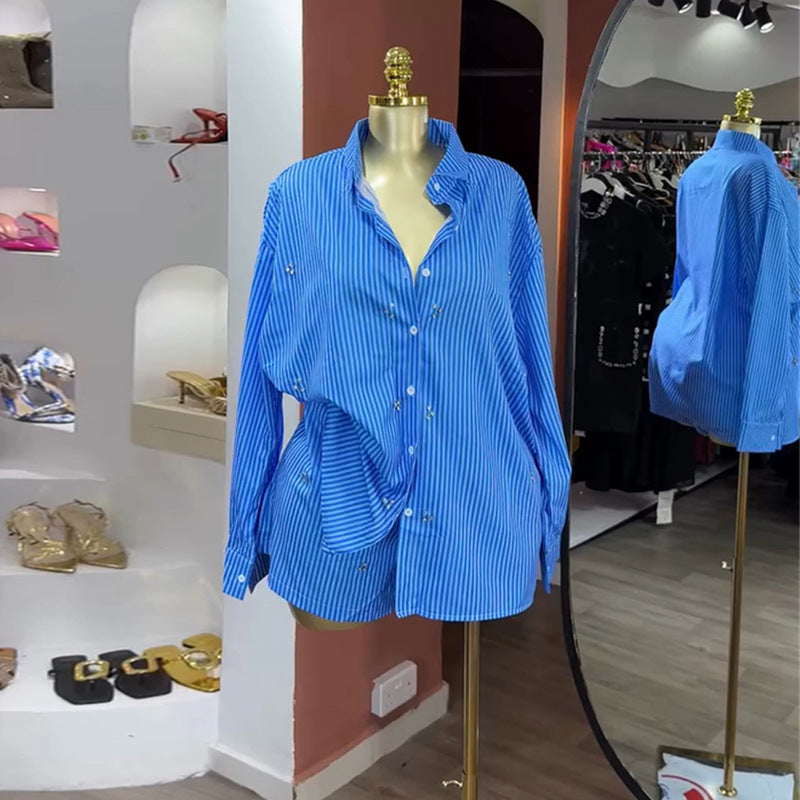 European and american cross-border women's fashion  autumn new arrival casual rhinestone-embellished long-sleeve blue striped shirt and high-waisted shorts set