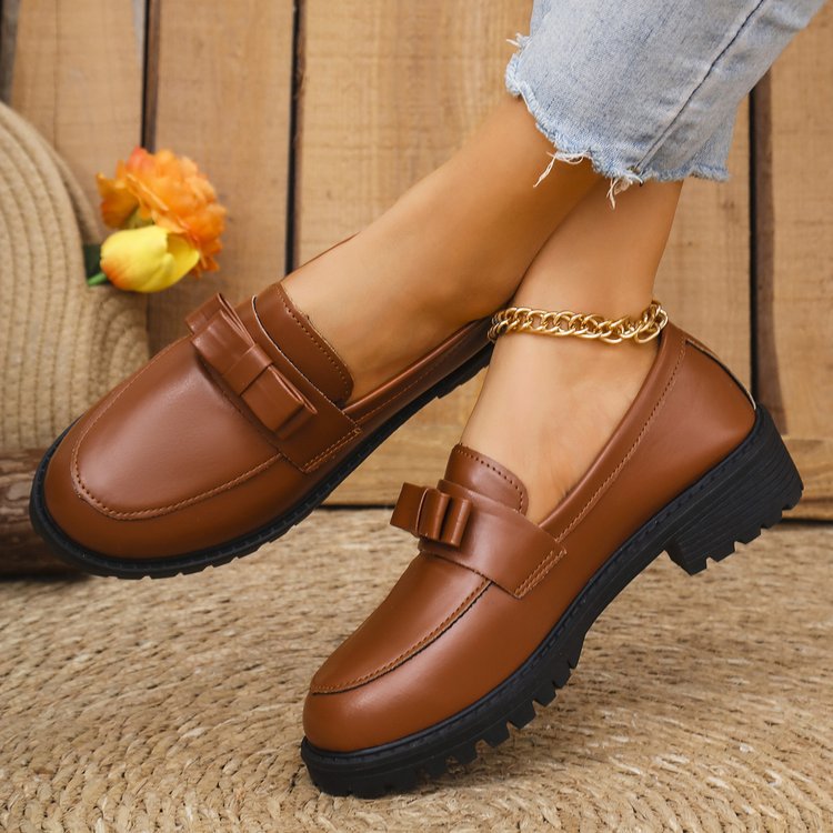 Women's british style leather loafers for cross-border e-commerce: new  autumn/winter collection - chunky sole, slip-on, plus size, with bow detail