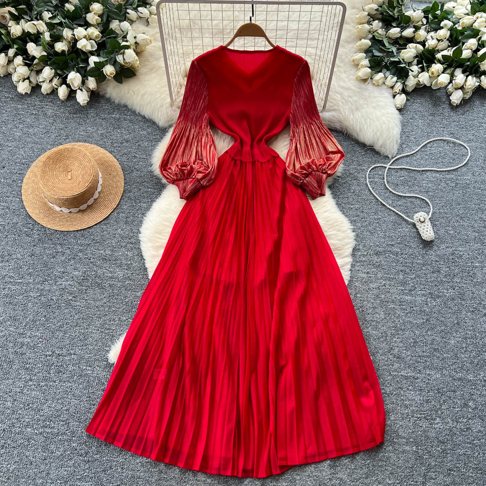 Elegant court-style bubble sleeve dress - women's autumn tassel design, mature and chic, flowy maxi dress