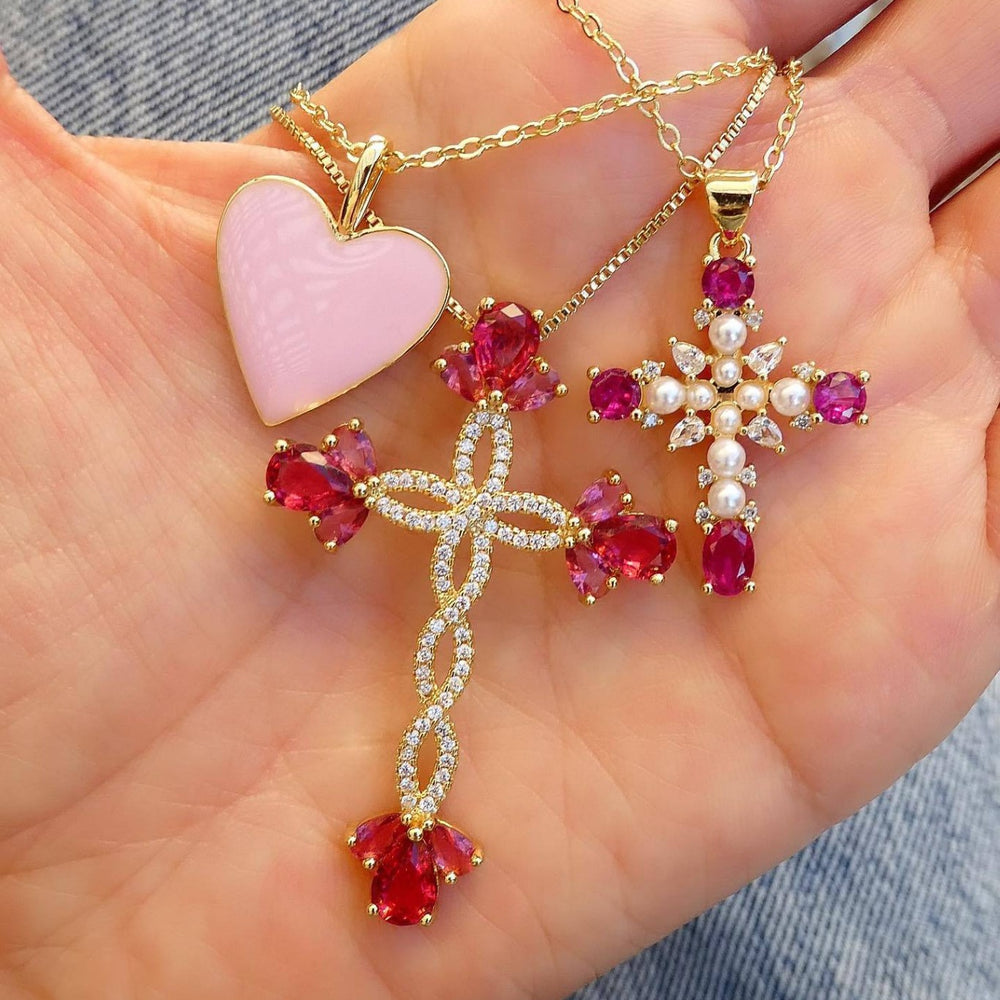 European and american cross-border jewelry: fashionable and sweet cross pendant necklace, light luxury high-end red diamond-encrusted choker
