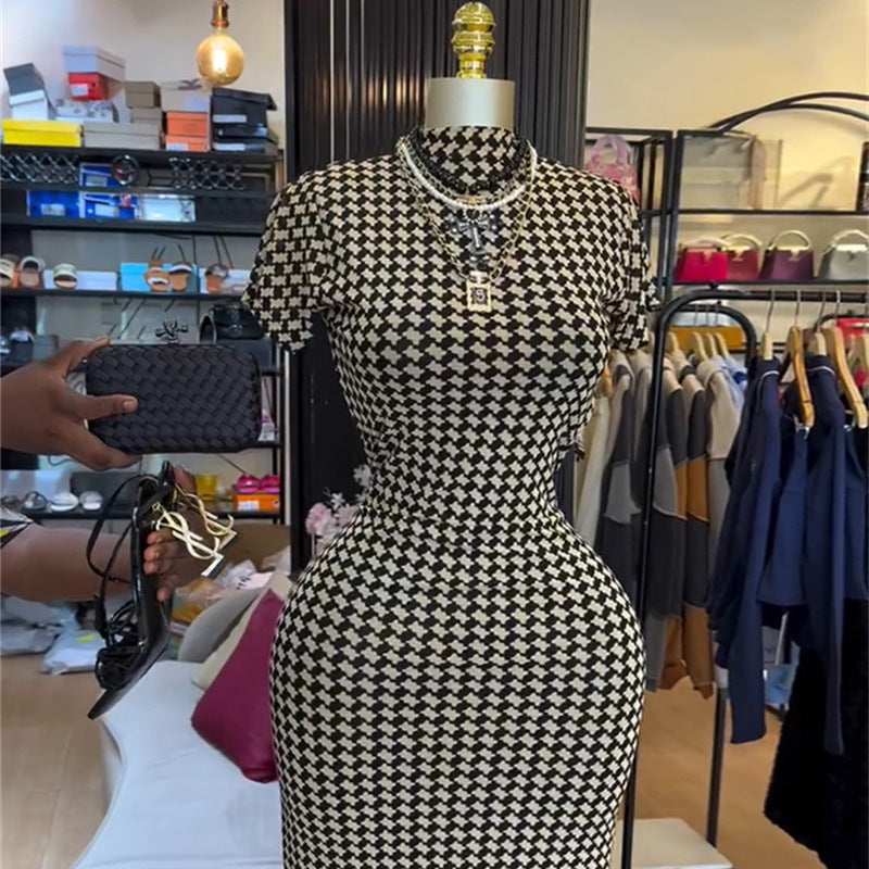 European and american cross-border women's fashion:  summer new arrivals - sexy backless houndstooth slim-fit bodycon short-sleeve dress