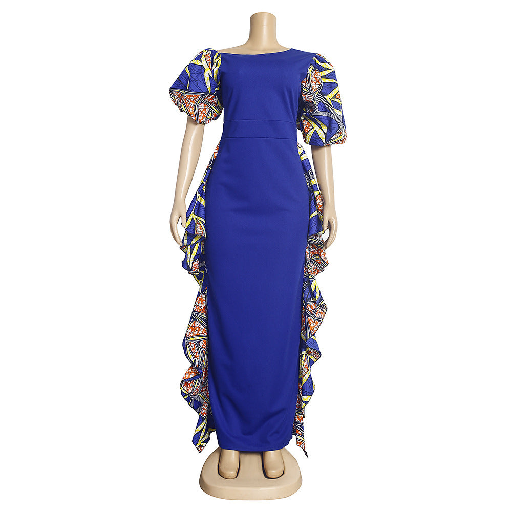 fashion african export new arrival evening dress oblique shoulder style e-commerce  women's wax cloth puff sleeve long skirt