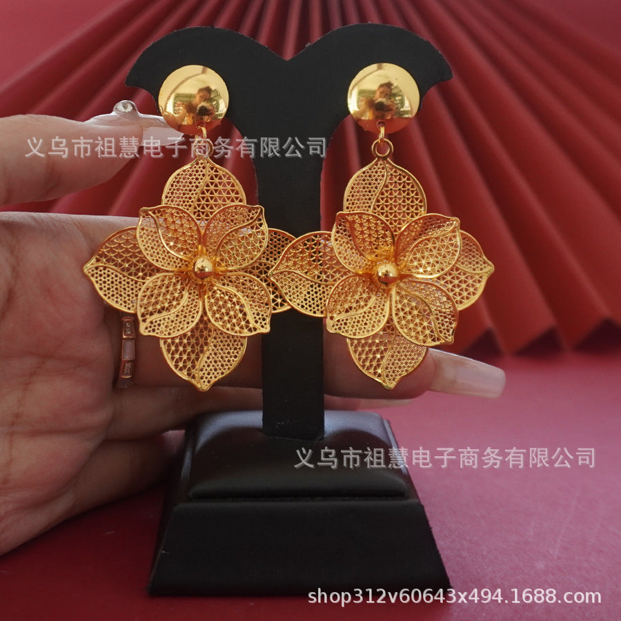 Middle eastern dubai indian luxury double layer four-leaf clover pendant necklace and earrings jewelry wedding party