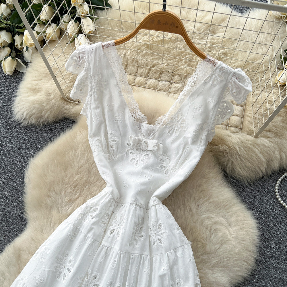 French riviera style v-neck white hollow-out lace trim dress - women's summer high-waisted slimming elegant maxi dress
