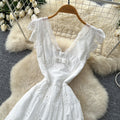 French riviera style v-neck white hollow-out lace trim dress - women's summer high-waisted slimming elegant maxi dress