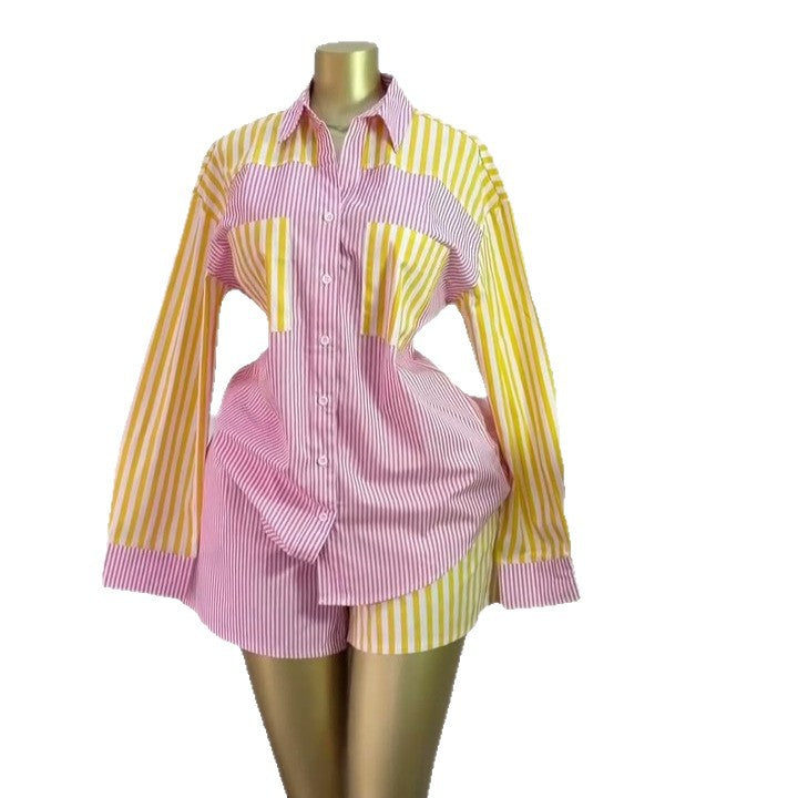 European and american cross-border women's fashion:  summer new collection - striped color block long sleeve shirt top and high-waisted shorts set