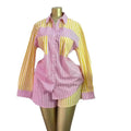 European and american cross-border women's fashion:  summer new collection - striped color block long sleeve shirt top and high-waisted shorts set