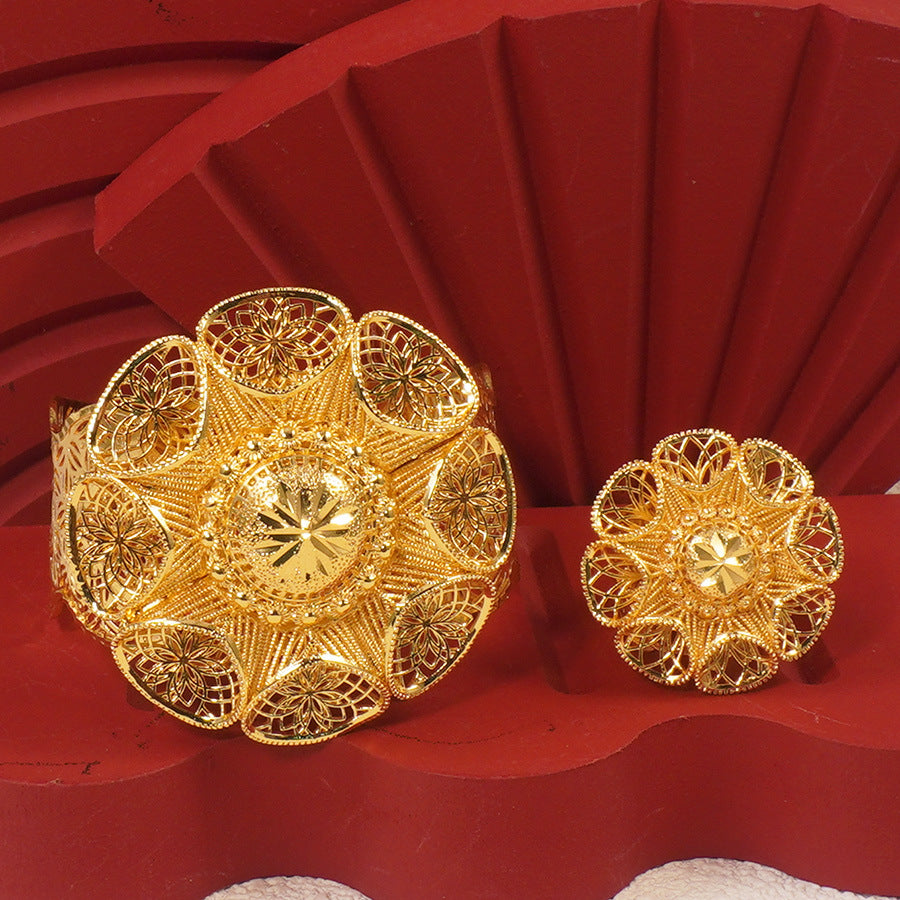 Bracelet and ring set, 24k gold plated luxury floral open bangle, middle eastern dubai style women's everyday accessories