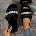 2024 hip-hop new arrival rhinestone fur slippers for women fall and winter home plus velvet heattechlace edge plush slippers for women