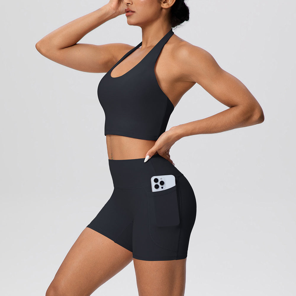 New women's solid color brushed halter tank top and pocket shorts yoga set - two-piece activewear workout outfit