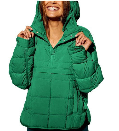 European and american  new casual fashion solid color cotton padded jacket, loose fit long sleeve pullover hoodie with round hem top