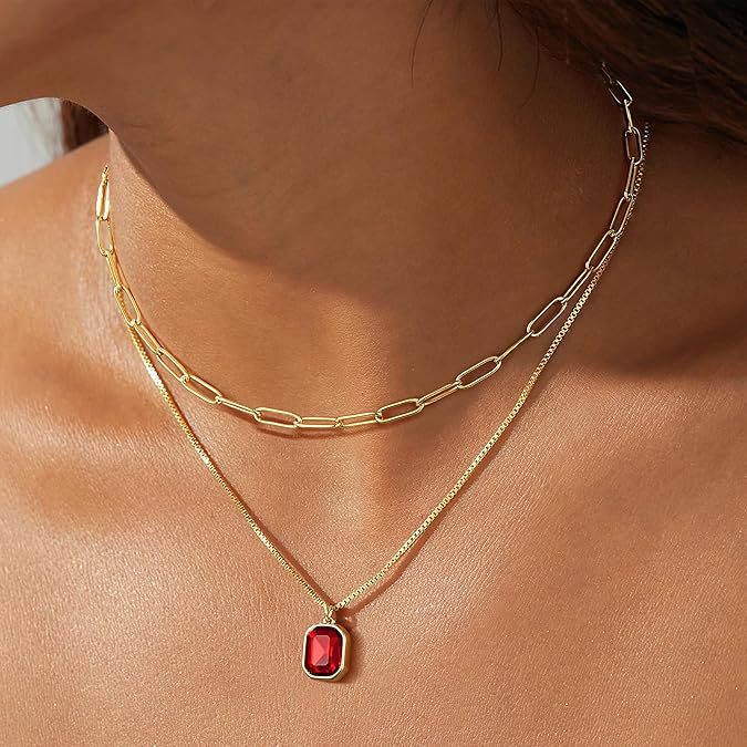 december birthstone double-layered necklace for women rectangular pendant december birthstone 18k real gold plating