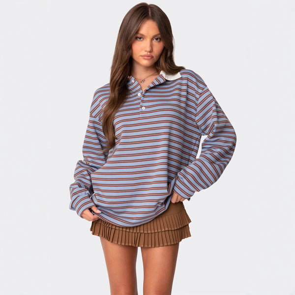Independent Station New Long Sleeve T-Shirt Women's American Loose Retro Lapel Striped Casual Design Bottom Top