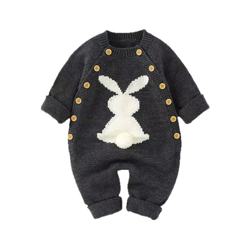 New european and american solid color baby knitted rabbit button romper outdoor wool baby jumpsuit cross-border 024
