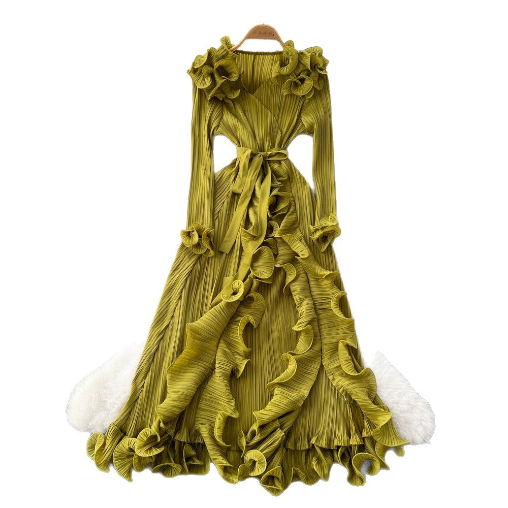 European and american niche style 3d ruffle trim tie-waist long sleeve pleated maxi dress with slit